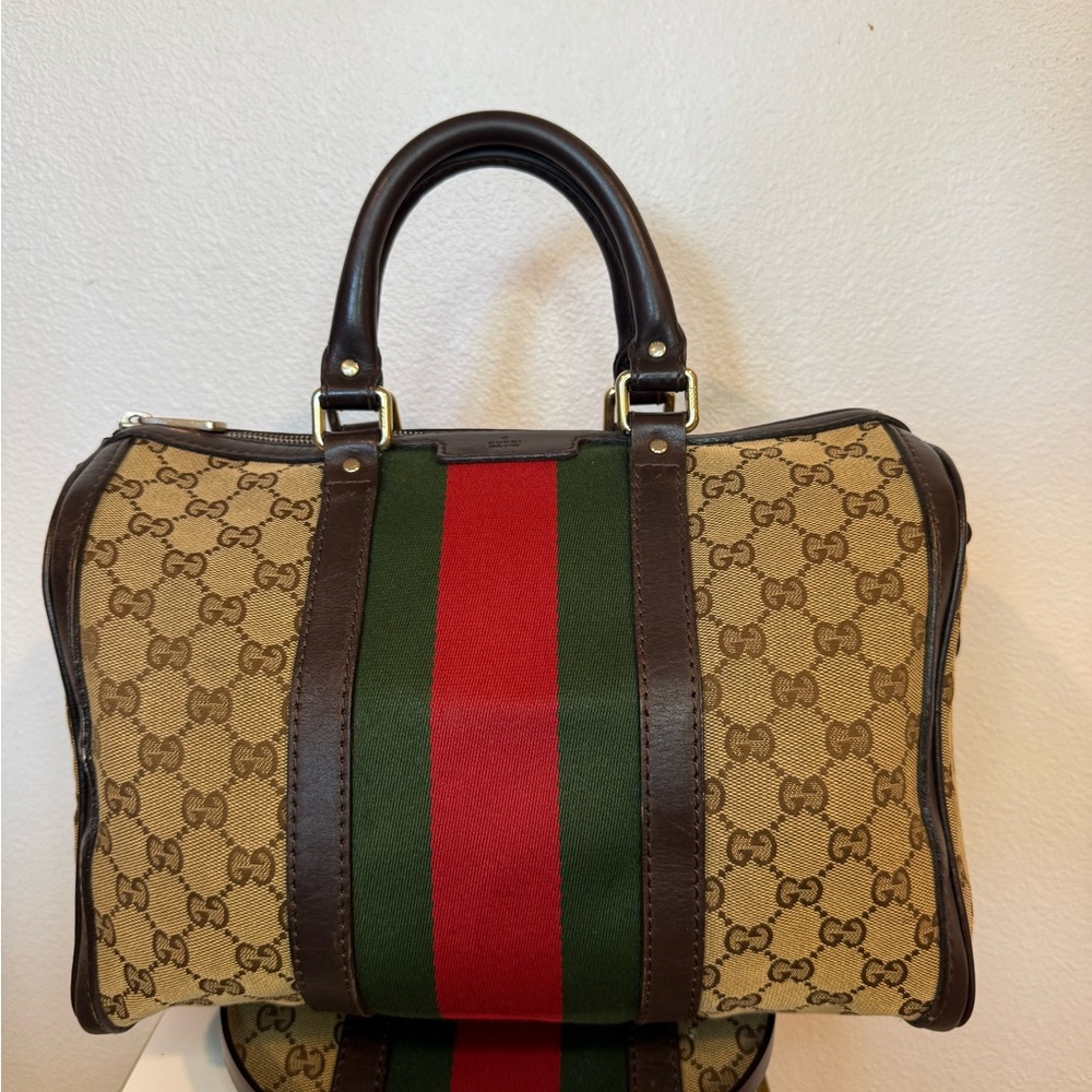 SOLD SOLD Gucci Boston Bag in the classic GG canvas and Web stripe design EUC
